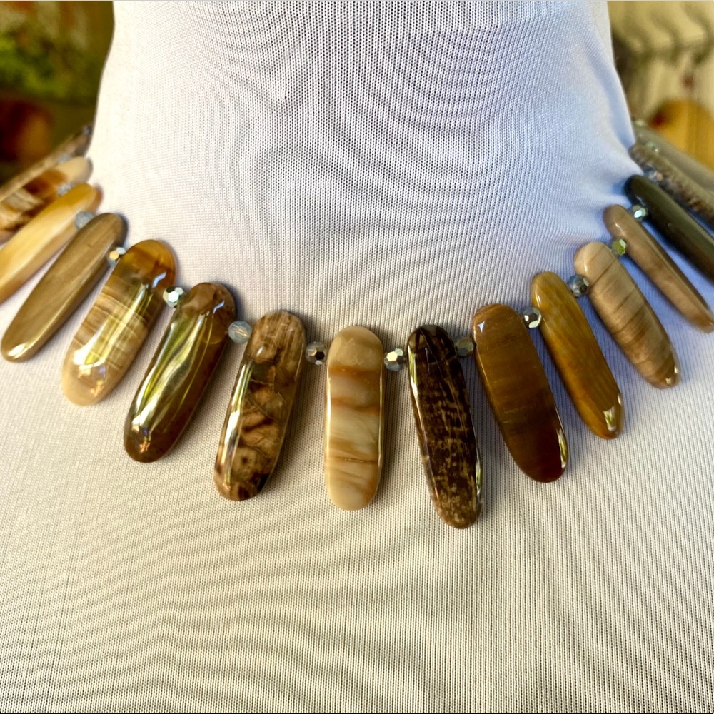 Unique Natural Jasper Stone Swarovski Crystals Statement Choker Necklace